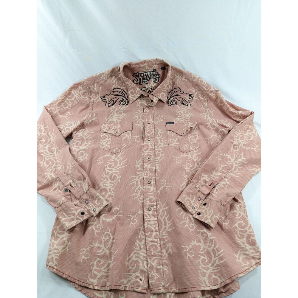Southern Thread Mens Long Slv Embroidered Snap Pink Shirt  XXL  Pocket Antlers
